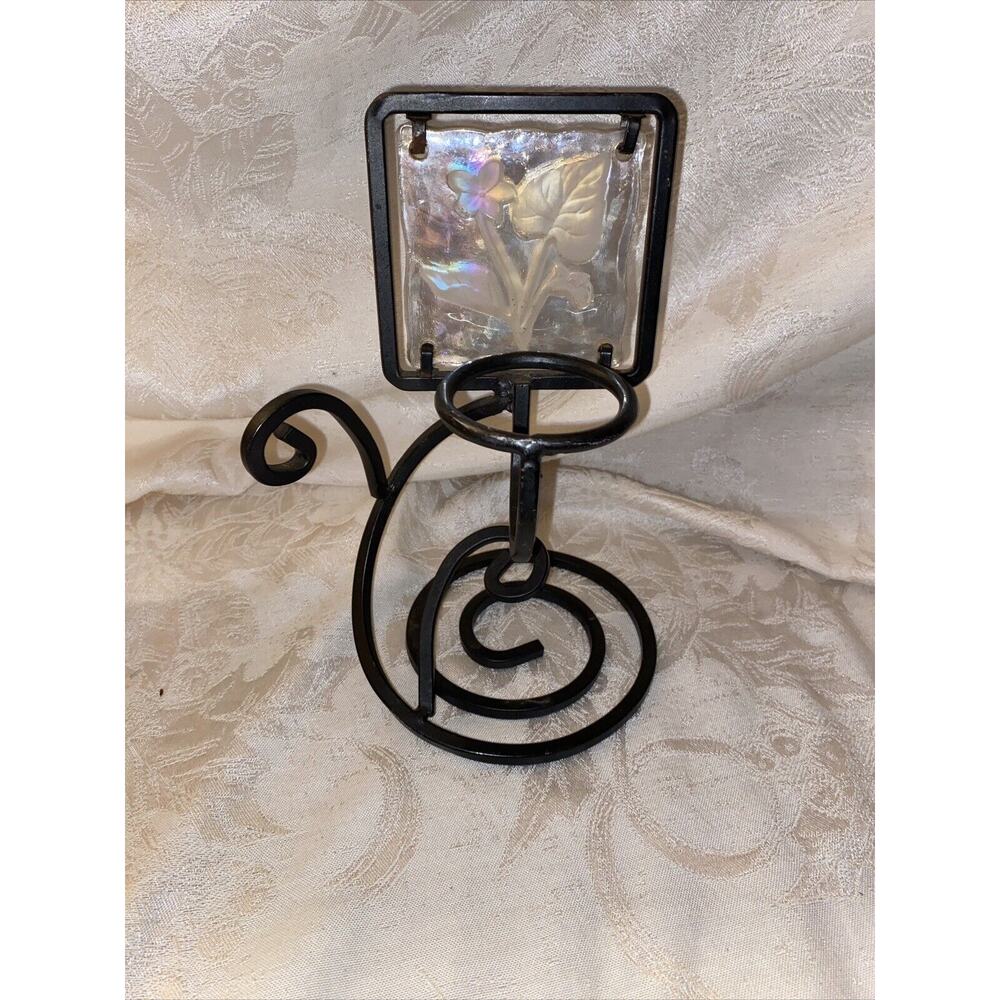 VINTAGE CAST IRON BLACK DECORATIVE CANDLE HOLDER FROZEN GLASS FLORAL
